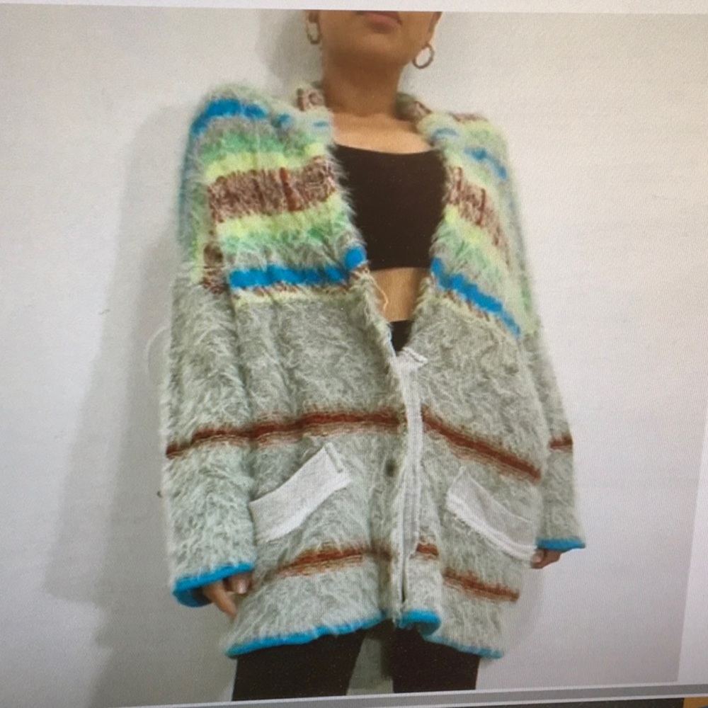 FREE PEOPLE/“FAIR WEATHER”MUTI MINT OVERSIZED FUZZY LONG CARDI/NEW